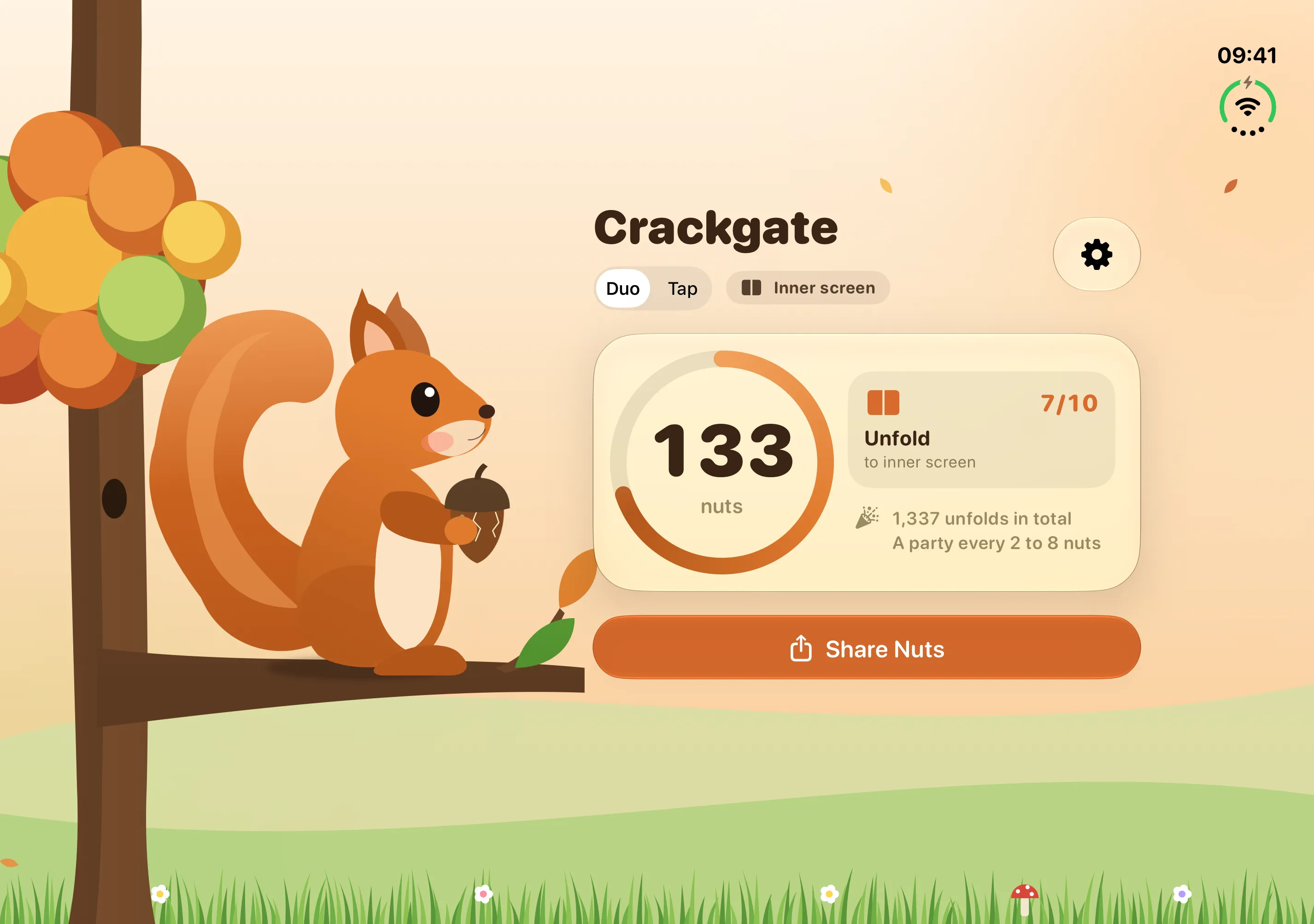 Crackgate on the unfolded iPhone Duo: the squirrel on its branch next to the counter