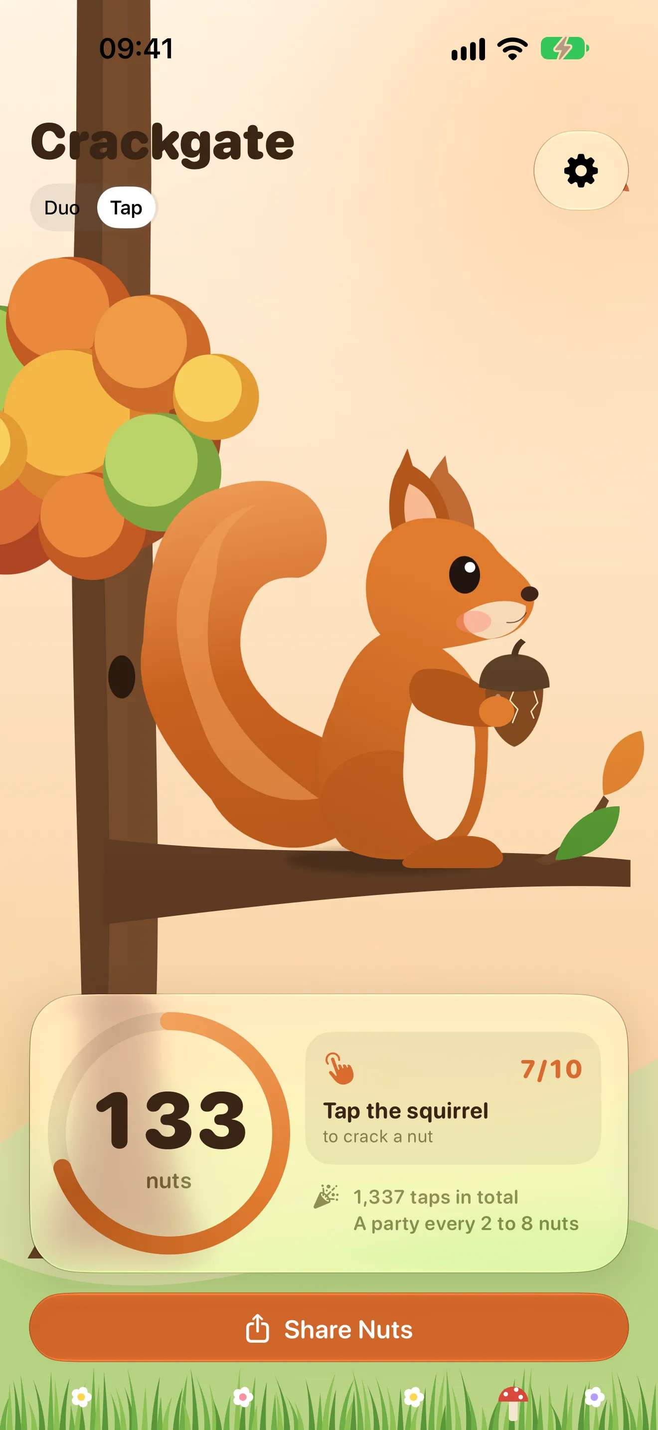 Crackgate in Tap mode: a red squirrel holding a nut on an autumn branch, above the counter and the Share Nuts button