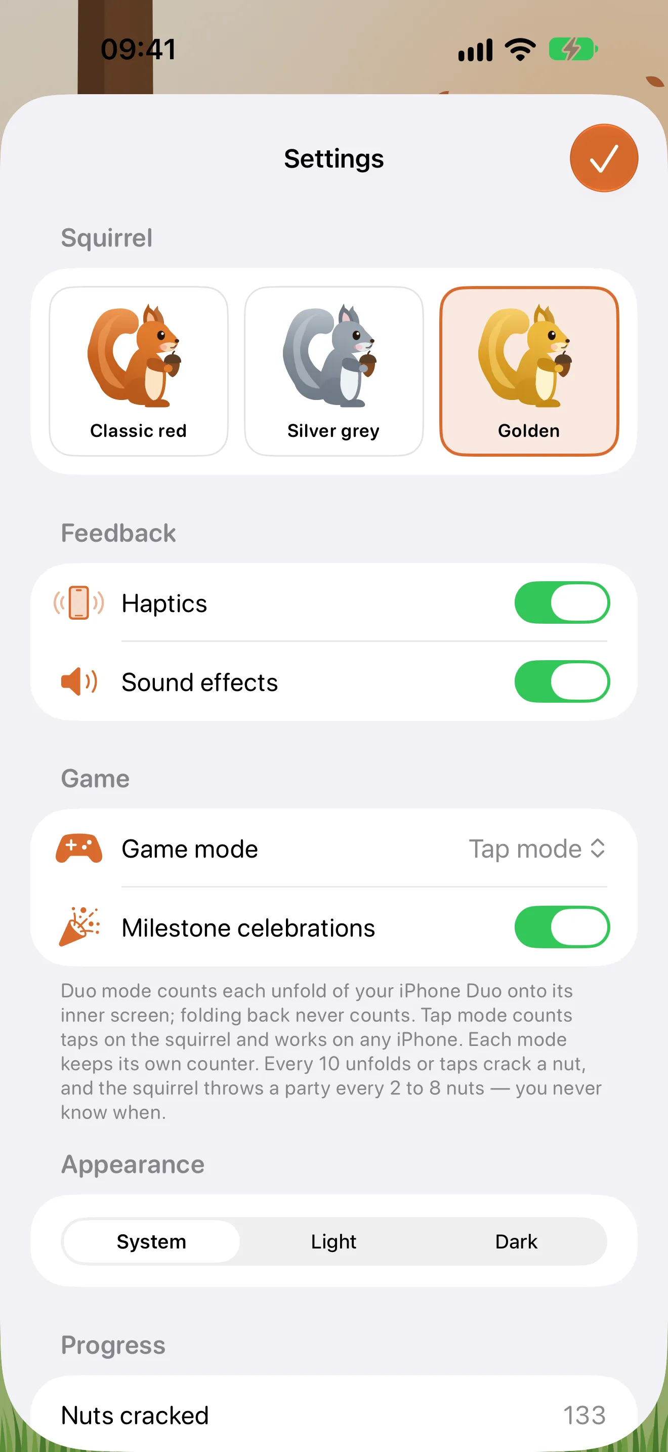 Settings, with the three fur colours, haptics, sound effects and the game mode
